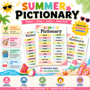 Colorful hero image featuring a Summer Pictionary printable game with three activity pages, summer vocabulary words, classroom learning benefits, and instant digital download icons surrounded by beach-themed graphics.