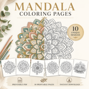 Hero image for a printable Mandala Coloring Pages PDF featuring a large partially colored mandala, six sample coloring page previews, colored pencils, and badges highlighting 10 unique designs with instant digital download.