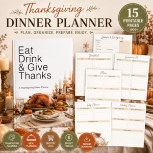 Thanksgiving Dinner Planner printable featuring a 15-page holiday planning binder with meal planner, grocery lists, guest list, budget tracker, and Thanksgiving organization worksheets.