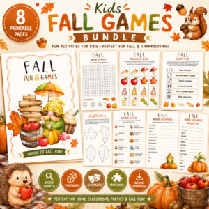 Kids Fall Games Bundle printable featuring 8 autumn-themed activities including word search, matching game, candy dice, charades, leaf rubbing, and word scramble for preschool and elementary kids.