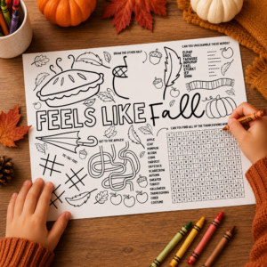 Kids Fall Activity Placemat Pack printable with autumn coloring pages, mazes, word games, I Spy, and Thanksgiving activities for kids.
