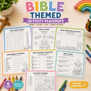 Bible themed activity placemats printable for kids with word search, coloring, Bible trivia, matching games, and Christian learning activities.