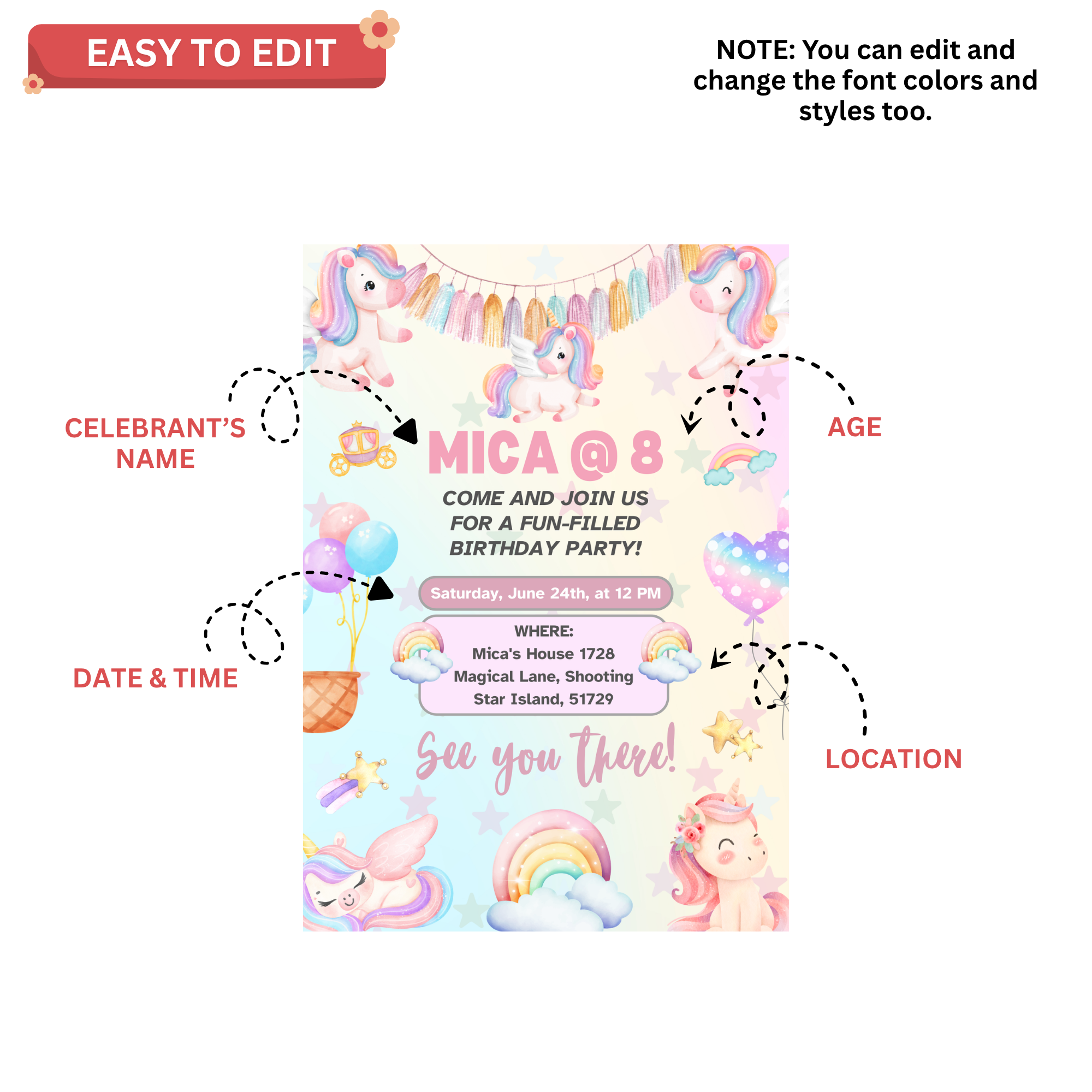 Editable Unicorn Birthday Invitation Template for Kids- Girls 3 Editable Unicorn Birthday Invitation Template for Kids- Girls - Image 3