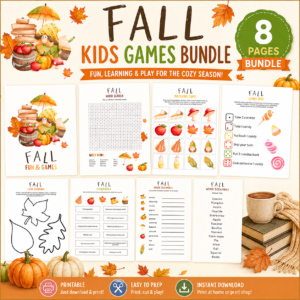 Kids Fall Games Bundle Printable | 8 Autumn Activity Pages PDF
