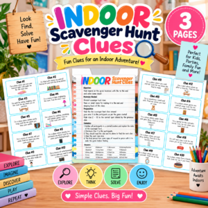 Indoor Scavenger Hunt Clues Printable PDF Activity for Children