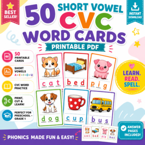 Hero image of 50 Short Vowel CVC Word Cards printable PDF featuring colorful phonics flash cards with picture-supported CVC words for preschool, kindergarten, homeschool, and literacy centers.