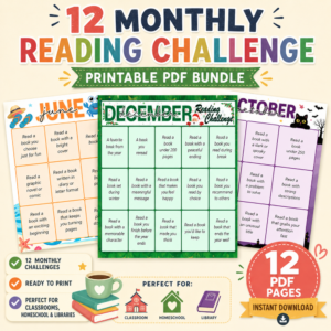 Hero image of a printable 12 Monthly Reading Challenge PDF bundle featuring themed reading challenge worksheets for every month, perfect for classrooms, homeschool, and libraries.
