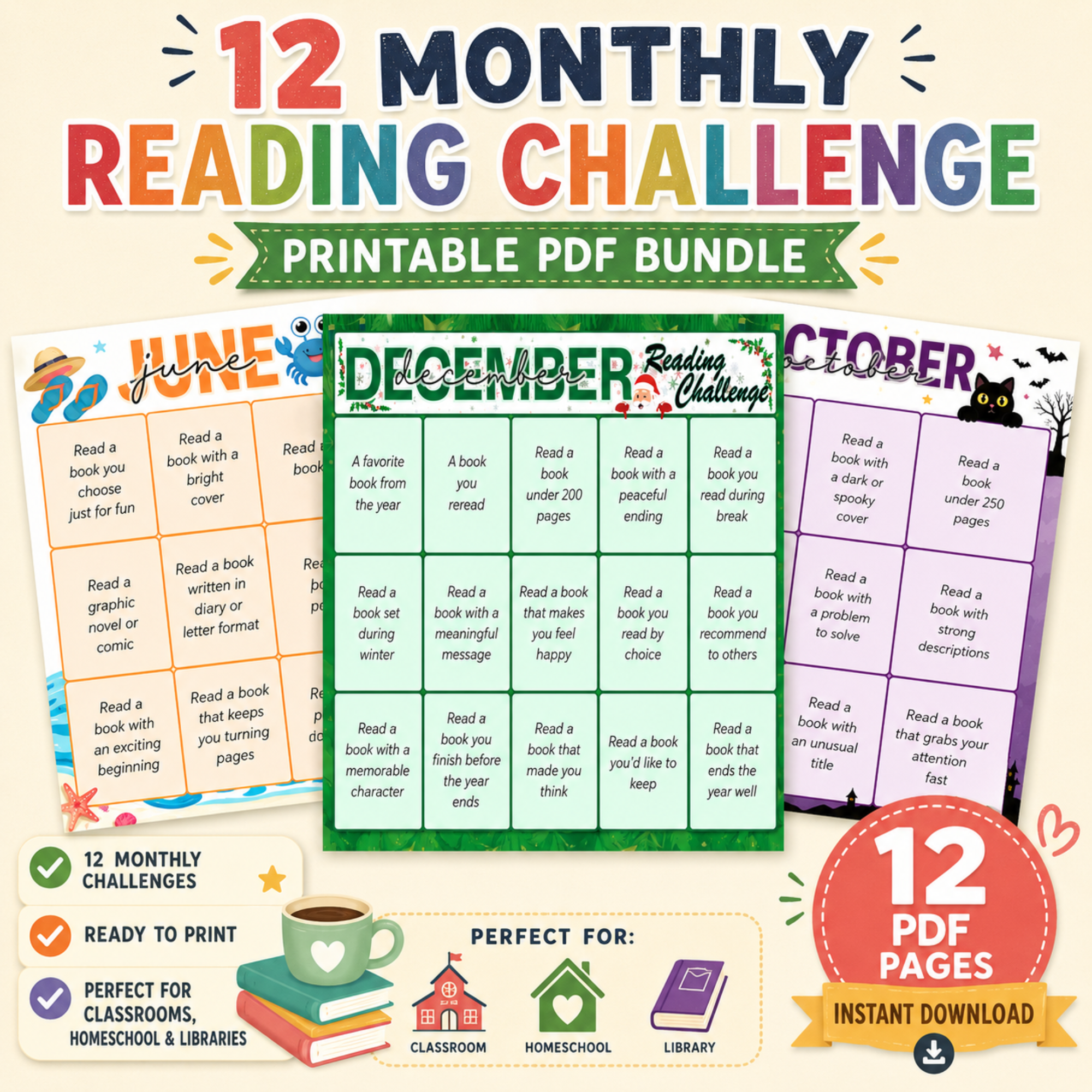 12 Monthly Reading Challenge Bundle Printable PDF 1 Hero image of a printable 12 Monthly Reading Challenge PDF bundle featuring themed reading challenge worksheets for every month, perfect for classrooms, homeschool, and libraries.
