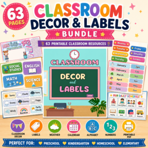 Hero image for a 63-page Classroom Decor & Labels Bundle printable PDF featuring classroom labels, subject signs, weather chart, calendar resources, days of the week, months, alphabet, numbers, and visual schedule for preschool and kindergarten classrooms.