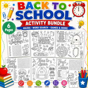 Colorful hero image showcasing a 6-page Back to School Activity Bundle featuring printable coloring pages, mazes, word searches, games, connect the dots, tic tac toe, and educational worksheets for preschool and kindergarten students.