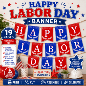 Happy Labor Day printable banner with red and blue pennant flags, 19-page PDF, and patriotic Labor Day decorations