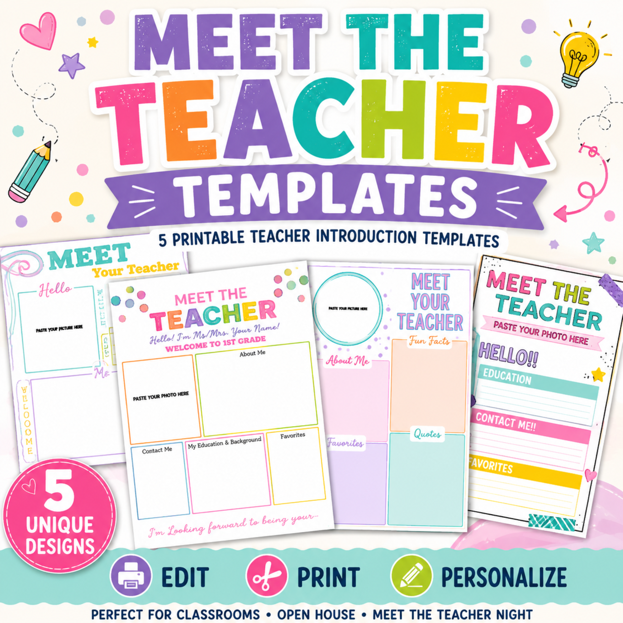 Editable Meet the Teacher Templates | 5 Teacher Introduction Templates 1 Meet the Teacher template bundle featuring 5 colorful printable teacher introduction designs with photo, About Me, Favorites, Education, Contact, and Fun Facts sections