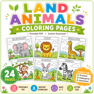 Land Animals Coloring Pages Printable PDF featuring 24 printable animal coloring sheets for preschool, kindergarten, homeschool, and classroom activities with elephant, lion, giraffe, monkey, rabbit, and zebra coloring pages.