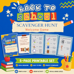 Back to School Scavenger Hunt printable featuring a colorful blue and yellow school theme, welcome game cover, five-page activity previews, classroom challenges, school supplies, books, pencils, and fun icebreaker activities.