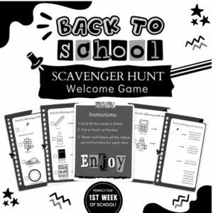 Black and white Back to School Scavenger Hunt printable welcome game featuring playful classroom doodles, activity worksheet previews, student scavenger hunt challenges, and a “Perfect for 1st Week of School” badge