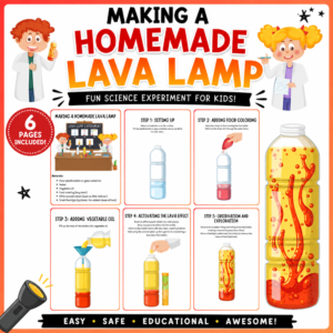 Colorful homemade lava lamp science experiment printable featuring cartoon student scientists, a lava lamp demonstration, six illustrated pages, materials, and five step-by-step STEM experiment instructions