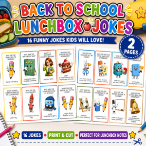 Back to School Lunchbox Jokes printable featuring 16 colorful school-themed joke cards for kids, designed for lunchboxes and classroom fun