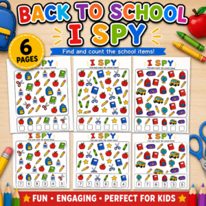 Back to School I Spy Counting Activity printable with 6 colorful school-themed pages for kids to find, count, and record objects