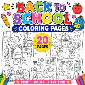 Back to School Coloring Pages printable featuring 20 school-themed coloring pages with kids, classrooms, school supplies, and fun activities