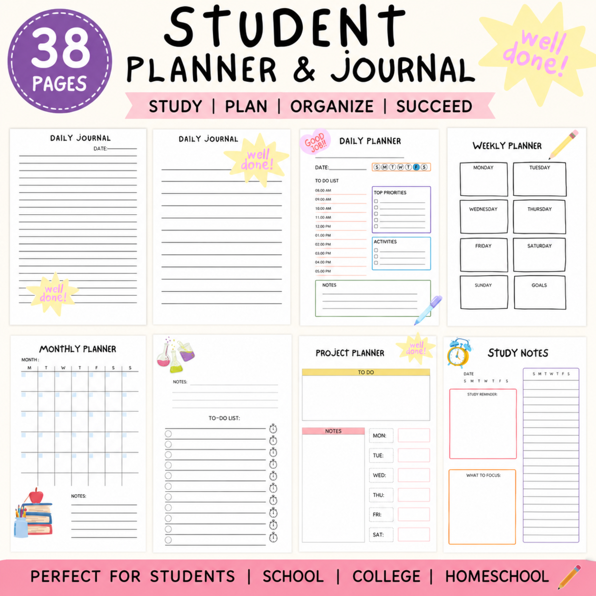 Student Planner & Journal Printable Bundle | 38-Page Study Planner PDF 1 Student planner and journal printable bundle featuring 38 pages of daily and weekly planners, monthly calendar, project planner, study notes, to-do lists, and organization pages for school, college, and homeschool.