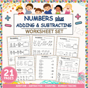 Numbers, addition and subtraction worksheet set featuring 21 printable math pages with counting, number tracing, picture-based addition and subtraction, matching activities, and early math practice for young learners.