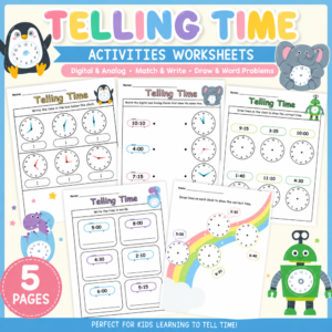 Telling Time Activities Worksheets printable featuring 5 colorful pages with analog and digital clock matching, writing times, drawing clock hands, and writing time in words.