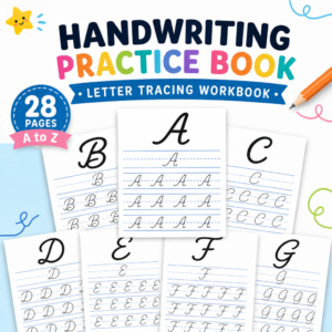 Colorful hero image for a 28-page cursive handwriting practice book featuring A to Z letter tracing worksheets with guided handwriting lines