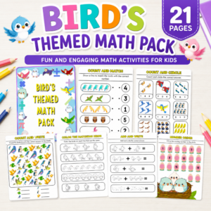 Bird's themed math pack printable with 21 pages of counting, matching, addition, coloring, and number order activities for preschool and kindergarten