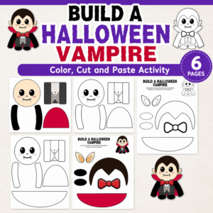 Build a Halloween Vampire printable with color and black-and-white cut and paste vampire craft pages