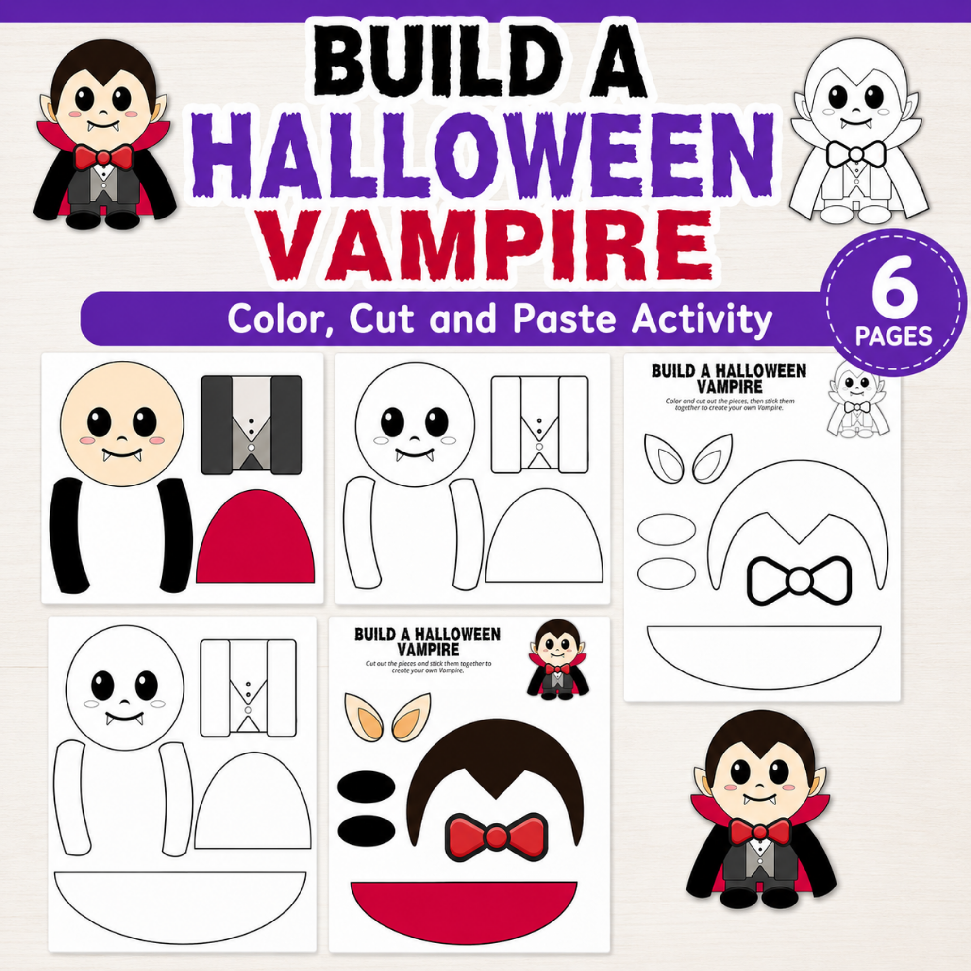 Build a Halloween Vampire Cut and Paste Activity - 6 Page Printable 1 Build a Halloween Vampire printable with color and black-and-white cut and paste vampire craft pages