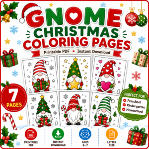 Gnome Christmas Coloring Pages Printable PDF featuring 7 festive holiday coloring sheets for preschool, kindergarten, homeschool, and classroom activities with cute Christmas gnomes holding gifts, stars, candy canes, hearts, and Christmas trees.