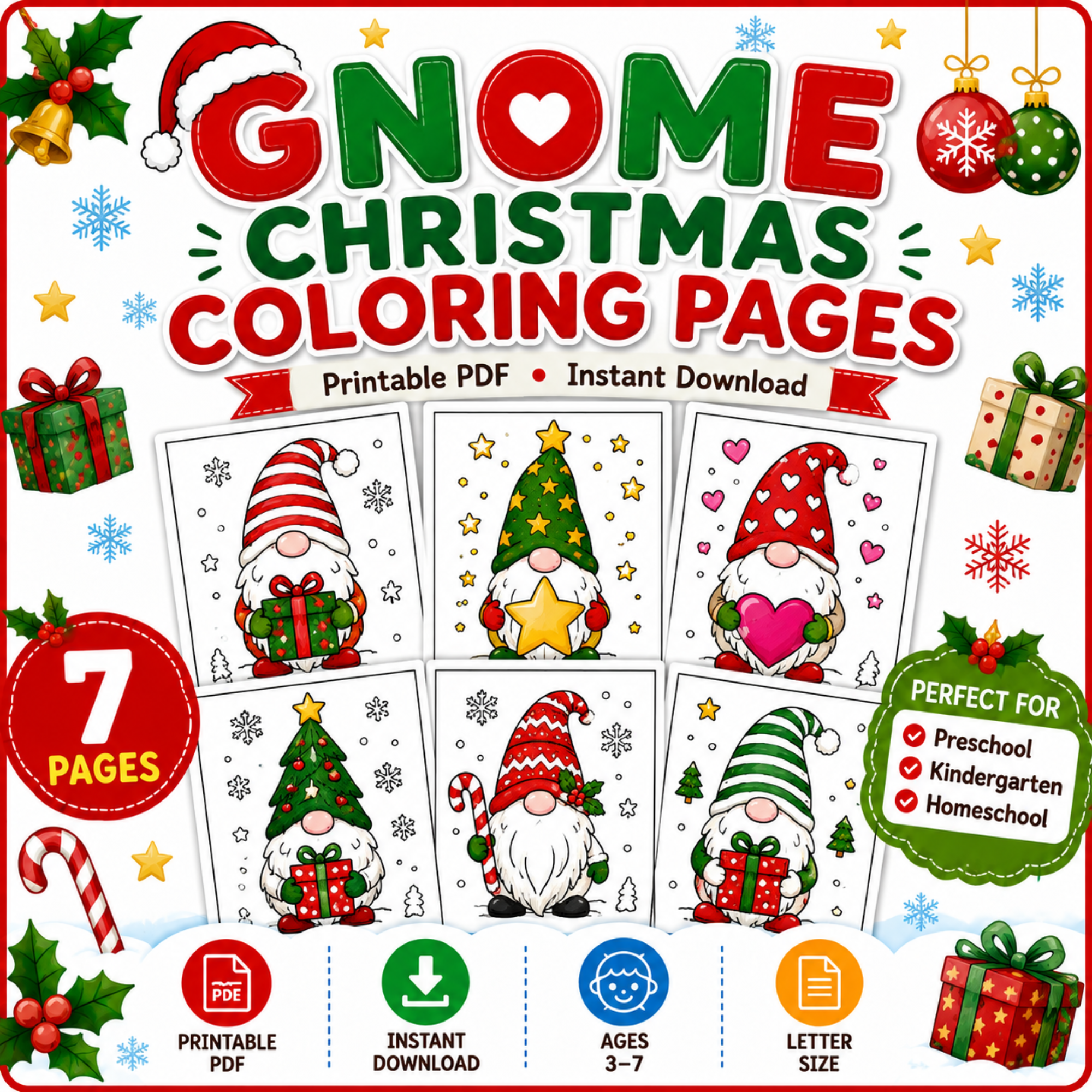 Gnome Christmas Coloring Pages Printable PDF | 7 Holiday Coloring Sheets for Kids 1 Gnome Christmas Coloring Pages Printable PDF featuring 7 festive holiday coloring sheets for preschool, kindergarten, homeschool, and classroom activities with cute Christmas gnomes holding gifts, stars, candy canes, hearts, and Christmas trees.
