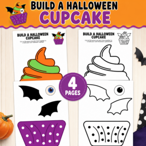 Build a Halloween Cupcake printable activity featuring four worksheet pages with colorful and black-and-white cupcake templates, bat wings, eyeballs, and Halloween-themed pieces.