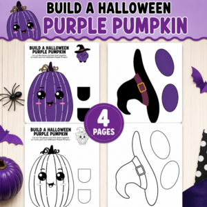 Build a Halloween Purple Pumpkin printable featuring four pages with colorful and black-and-white pumpkin templates, witch hat pieces, and cut-and-paste elements.