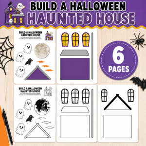 Build a Halloween Haunted House printable featuring six pages with colorful and black-and-white haunted house templates, ghosts, bats, windows, roof, and house pieces.