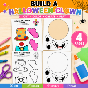 Build a Halloween Clown printable craft for kids with color and black-and-white clown templates, cut-and-paste pieces, and 4 printable pages