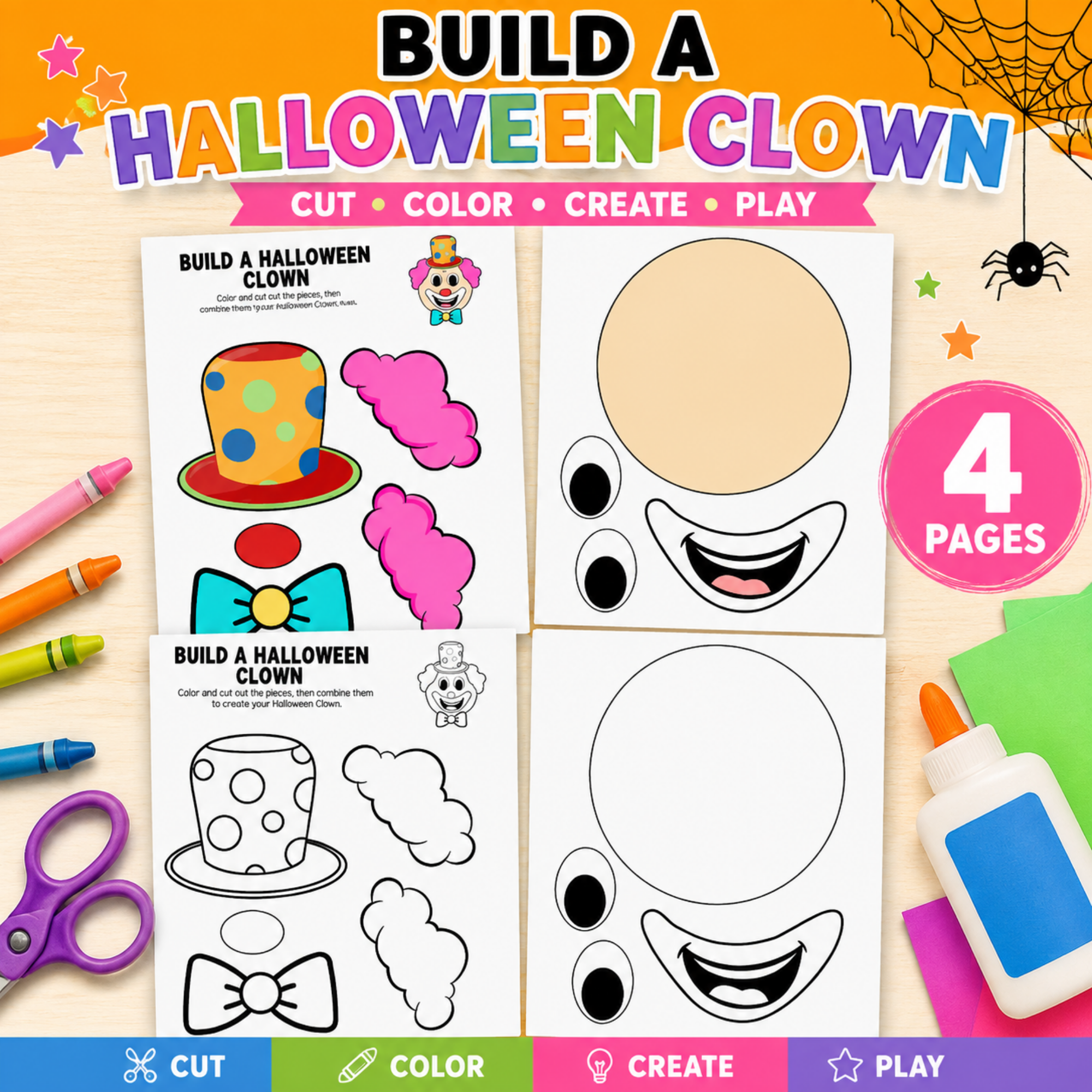 Build a Halloween Clown Printable Craft for Kids 1 Build a Halloween Clown printable craft for kids with color and black-and-white clown templates, cut-and-paste pieces, and 4 printable pages