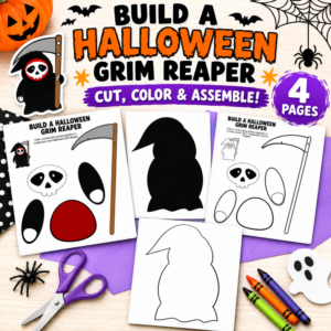 Build a Halloween Grim Reaper printable craft with four worksheet pages, including color and black-and-white Grim Reaper templates, skull, scythe, and cut-and-paste pieces.