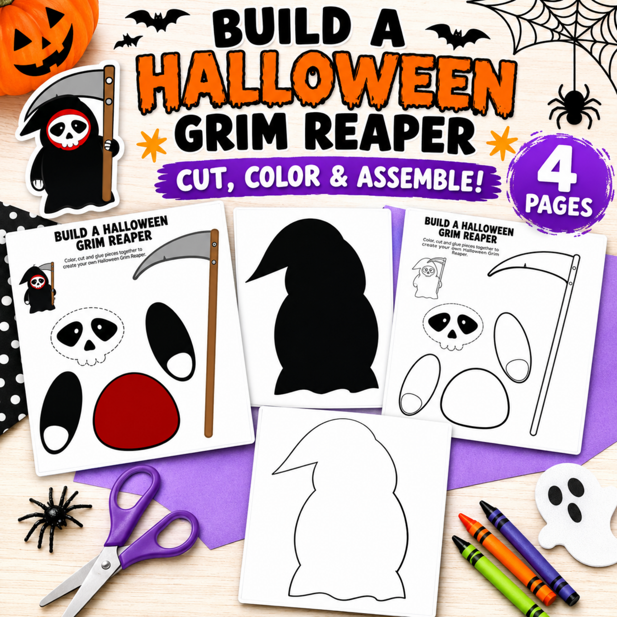 Build a Halloween Grim Reaper Printable Craft | Cut & Paste Halloween Activity for Kids 1 Build a Halloween Grim Reaper printable craft with four worksheet pages, including color and black-and-white Grim Reaper templates, skull, scythe, and cut-and-paste pieces.