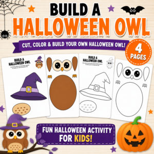 Build a Halloween Owl printable craft featuring four worksheet pages with colorful and black-and-white owl pieces, a witch hat, and cut-and-paste activity.