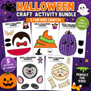 Halloween printable craft bundle featuring five kids activities: vampire, cupcake, purple pumpkin, werewolf, and mummy cut and paste crafts.