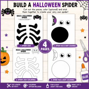 Build a Halloween Spider printable craft showing four activity pages with colored and black-and-white spider legs, face, and body pieces, plus a 4 pages badge.