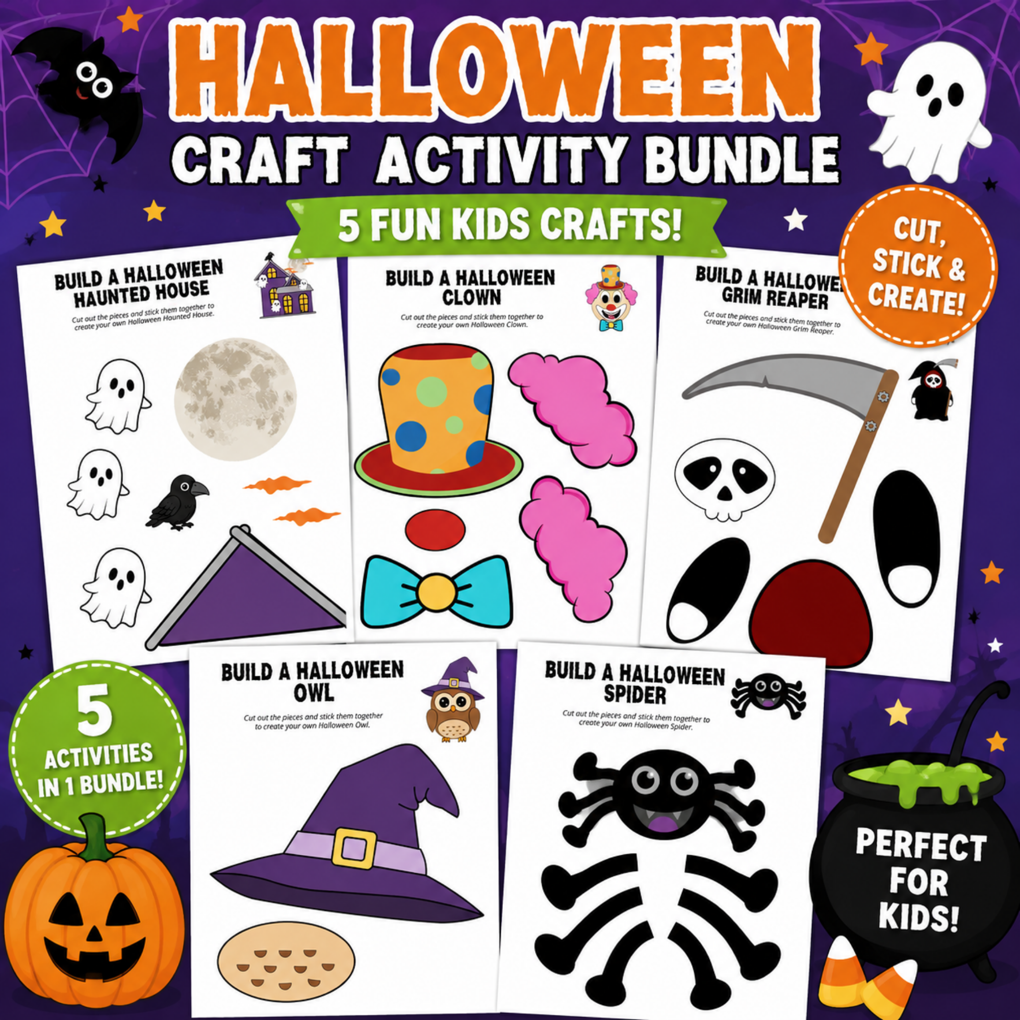 Halloween Craft Bundle for Kids – 5 Printable Cut & Paste Activities 1 Halloween craft bundle featuring five printable activities for kids: haunted house, clown, grim reaper, owl, and spider crafts.