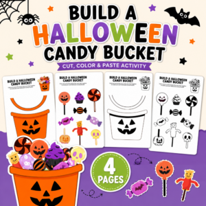 Build a Halloween Candy Bucket printable craft featuring color and black-and-white templates, Halloween candy pieces, and a 4-page activity badge.