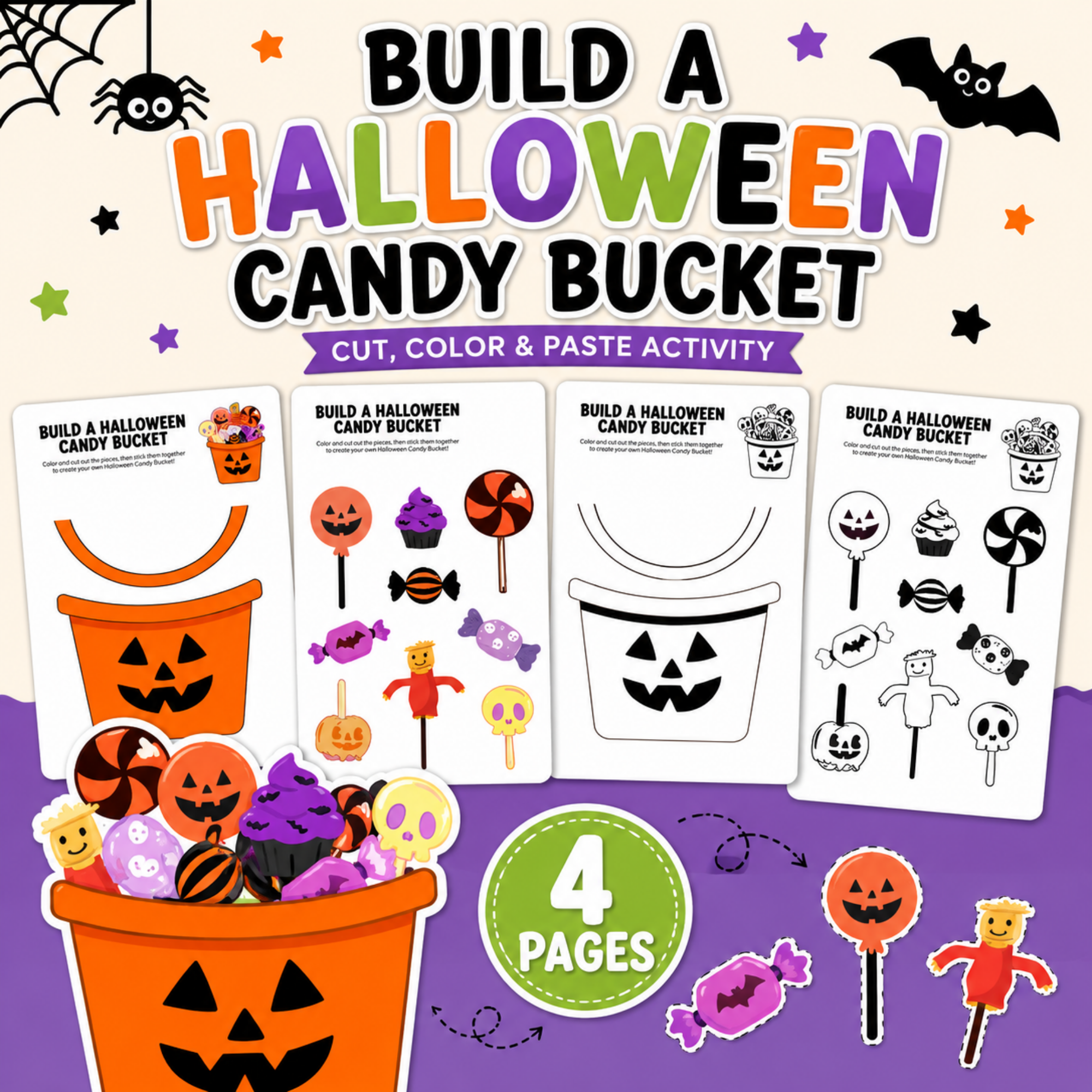 Build a Halloween Candy Bucket Printable Craft | Cut, Color & Paste Activity 1 Build a Halloween Candy Bucket printable craft featuring color and black-and-white templates, Halloween candy pieces, and a 4-page activity badge.