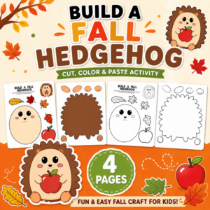 Build a Fall Hedgehog printable craft featuring a cute hedgehog, autumn leaves, apple, color and black-and-white templates, and a 4-page badge.