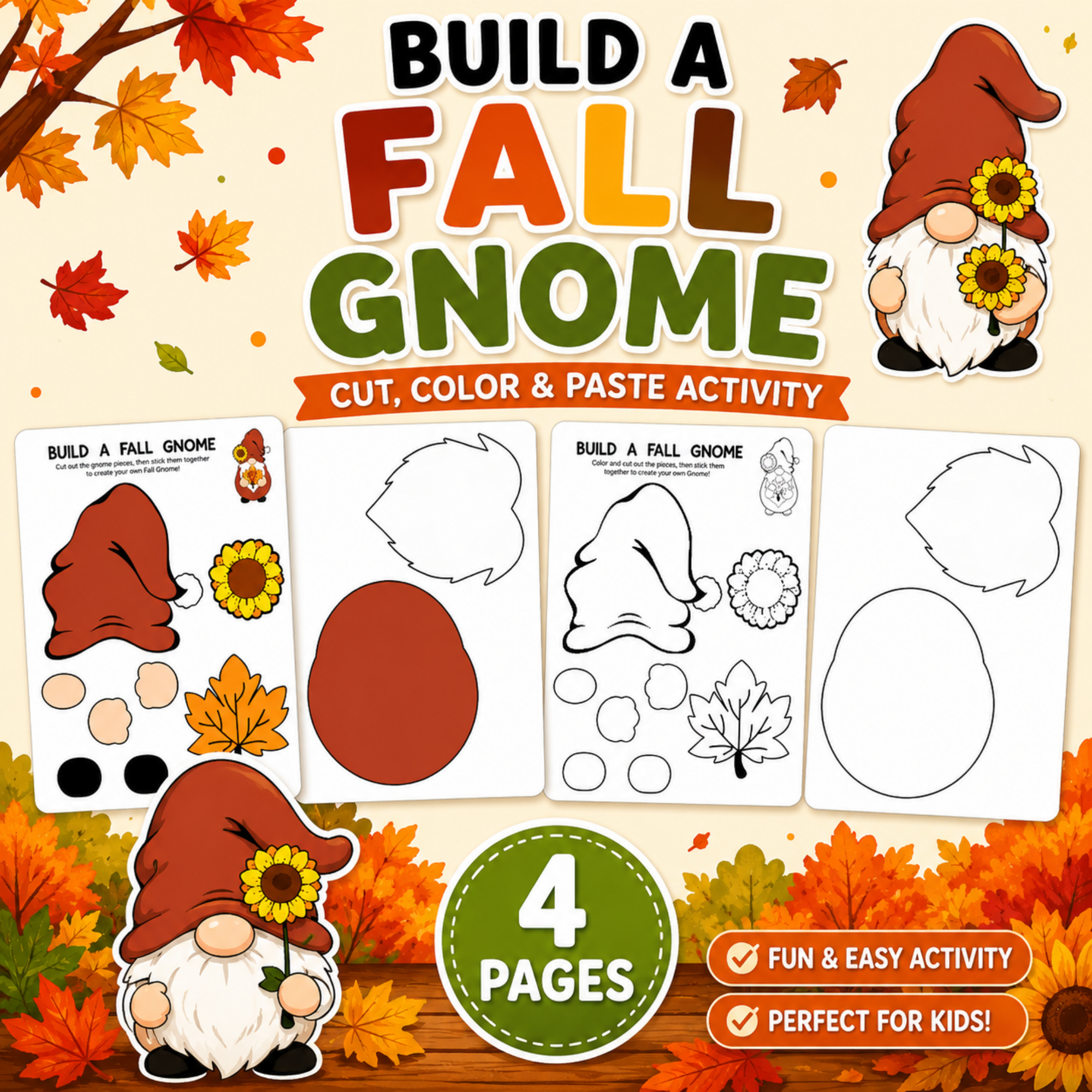 Build a Fall Gnome Printable Craft | Cut, Color & Paste Activity 1 Build a Fall Gnome printable craft featuring a cute autumn gnome, sunflower, fall leaves, color and black-and-white templates, and a 4-page activity badge.