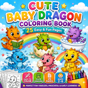 Colorful hero image for a Cute Baby Dragon Coloring Book printable PDF featuring six adorable baby dragons, a rainbow, crayons, and badges highlighting 25 easy coloring pages for toddlers and preschoolers.