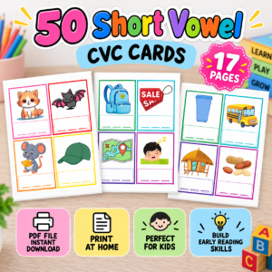 50 Short Vowel CVC Word Cards Printable PDF | Phonics Flash Cards for Kindergarten