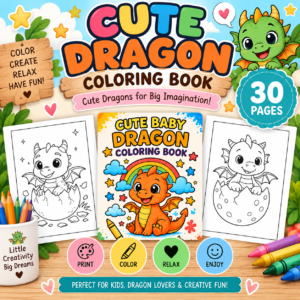 Cute Baby Dragon Coloring Book Printable PDF | 30 Easy Dragon Coloring Pages for Kids
